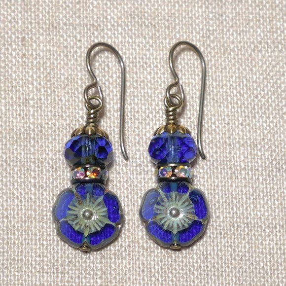 Hand Crafted Handmade Earrings Vintage Style Cobalt Blue Flower Earrings - Picture 1 of 5